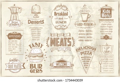 Old newspaper style menu list - breakfast and lunch, fast food and pizza, meats menu, burgers, appetizers, fruit platter, desserts, drinks and kids menu