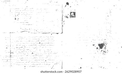 Old newspaper style vintage grunge background texture vector. Dusty sketch and letter texture for aged effect. Black and white paper grunge for retro look.