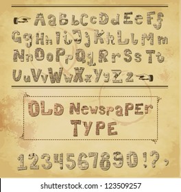 Old Newspaper Type - Alphabet and numbers cut out of the old newspapers, set