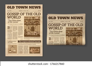 Old newspaper. Vintage magazine front page mockup. Two realistic monochrome pages templates, historical sepia sheet of journal, daily news and advertising vector retro concept