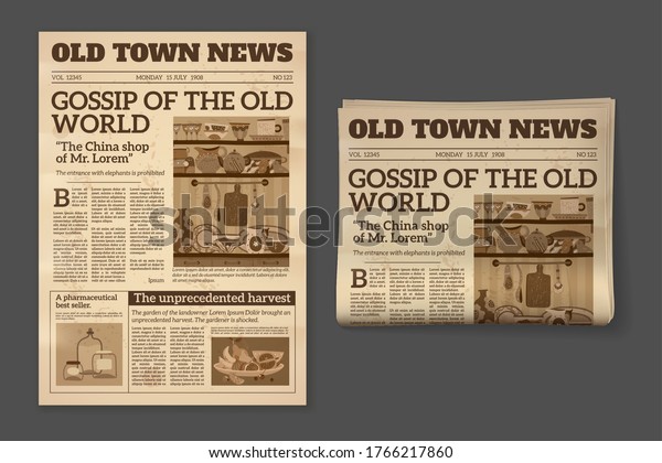 Old
newspaper. Vintage magazine front page mockup. Two realistic
monochrome pages templates, historical sepia sheet of journal,
daily news and advertising vector retro
concept