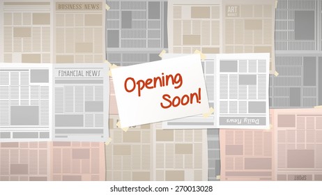 Old newspapers covering a shop window with opening soon sign at center