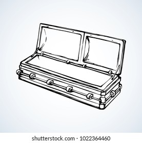 Old nice plank morgue die chest crate on white crypt space for text. Freehand outline dark ink hand drawn logo pictogram object sketchy in art retro scribble cartoon contour style pen on paper