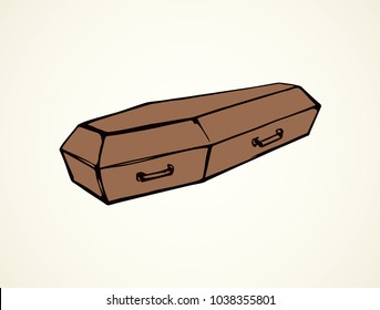 Old nice plank morgue die chest crate on white crypt space for text. Freehand outline dark brown ink hand drawn logo pictogram object sketchy in art retro scribble cartoon contour style