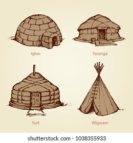 Old nomad rural handmade camp cabin, kazakh yaranga, jurt on white backdrop. Archaic ethnic edifice culture. Freehand outline black ink hand drawn sign in art retro doodle cartoon style pen on paper