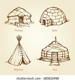 Old nomad rural handmade camp cabins isolated on white background. Archaic ethnic historic edifice culture. Freehand outline black ink hand drawn picture in art retro doodle cartoon style pen on paper