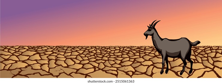 Old nomad rural lamb ram stand rough dead dirty clay sand dirt mud park heat sky hand drawn biblic Israel land art scene. Scenic bible view white lost lone dairy fawn roe alone stag pet sheep travel