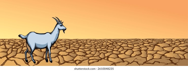 Old nomad rural lamb ram stand rough dead dirty clay sand dirt mud park heat sky hand drawn biblic Israel land art scene. Scenic bible view white lost lone dairy fawn roe alone stag pet sheep travel