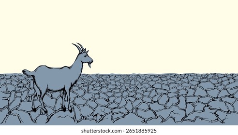Velho carneiro rural nômade ficar duro morto argila suja areia suja lama parque calor mão céu desenhado biblic Israel terra cena de arte. Vista bíblica branca perdida solitária laticínios fawn roe sozinho veado animais domésticos viagem