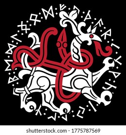 Old Norse design. Dragon in a circle of ancient Scandinavian runes, isolated on black, vector illustration