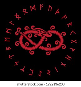 Old Norse design. Dragons in ancient Scandinavian style and Old Norse runic alphabet, isolated on black, vector illustration