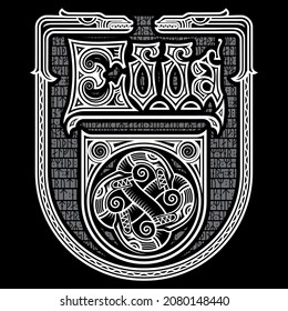 Old Norse design. Frame in the Scandinavian style with the heads of dragons, the inscription Edda - a book on mythology and ancient letters, runes, vector illustration