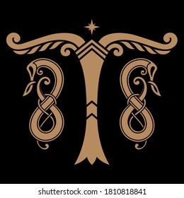 Old Norse design. Irminsul, Yggdrasil - World tree in Germanic - Scandinavian mythology - giant ash, vector illustration