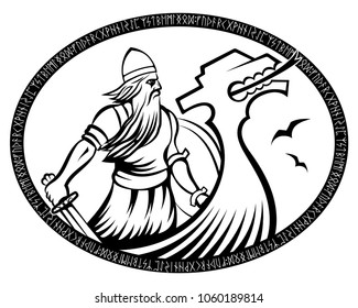 Old Norse warrior. Viking with sword and Drakkar in runic circle, isolated on white, vector illustration