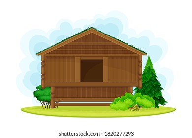 Old Norwegian House with Turfy Roof Covered with Grass as Distinctive Attribute of Norway Vector Illustration