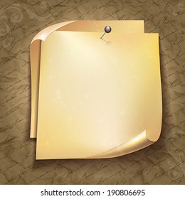 Old note paper with black pin on text pattern background.    Vector illustration. 