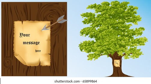 old note paper on a wood texture and tree