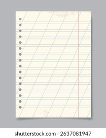 Old notebook paper with diagonal blue lines, round punch holes on left, red margin line, and slight stains, on a gray background. Concept of vintage stationery. Vector illustration