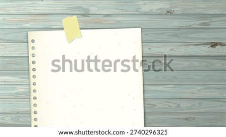 Old notepaper with stains effect stick on cut timber panels turquoise blue colores distressed weathered background graphic illustration have blank space.