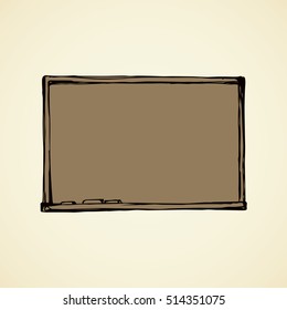 Old noticeboard isolated on white wall backdrop. Freehand outline black ink hand drawn object sketchy in art retro scribble style pen on paper. Front closeup view with space for text