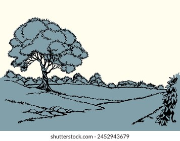 Old oak dark black line ink pen hand drawn fall slope travel trail oak shrub scene biblic doodle art style. Artist pond creek shore coast beach maple wood hill. Light sky view text space bible artwork