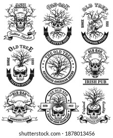 Old oak emblems set. Monochrome design elements with human skulls, dead trees and text. Gothic concept for tattoo studio stamp, coffee shop label, Irish pub sign templates