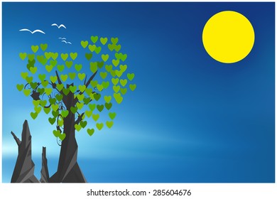 Old oak with heart leafs. Gradient sky with sun.