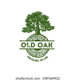 Old Oak Professional Arborist Tree Care Service Organic Eco Sign Concept. Landscaping Design Craft Raw Vector Logo. Rustic Vector Banner Illustration