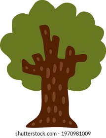 Old oak with thick tree trunk. Flat forest icon. Mighty summer tree with textured bark. Vector clipart for creation of children's illustrations, design prints, patterns. Funny hand-drawn oak grove. 