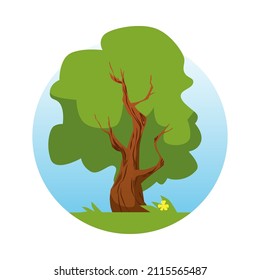 Old oak tree with green leaf at round frame, cartoon vector illustration. Green tree in summer season, park landscape with grass and flower.Tree at round frame for highlights design.