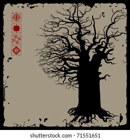 old oak tree on sepia background