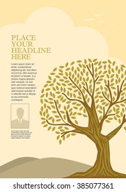 Old oak tree vector art/ Tree poster with layout design/ Brochure template/ Eco friendly print/ Rustic wood forest/ Ecology illustrations with sunset background/ Autumn season
