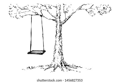 Old oak trunk on white cloud backdrop. Freehand outline ink hand drawn sunny rest picture design sketchy in retro art doodle engrave cartoon print style pen on paper text space. Rural scenic sun view