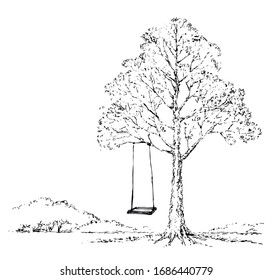 Old oak trunk on white cloud backdrop. Freehand outline ink hand drawn sunny rest picture design sketchy in retro art doodle engrave cartoon print style pen on paper text space. Rural scenic sun view