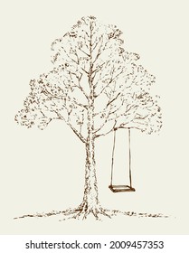 Old oak trunk on white cloud backdrop. Freehand outline ink hand drawn sunny rest picture design sketchy in retro art doodle engrave cartoon print style pen on paper text space. Rural scenic sun view