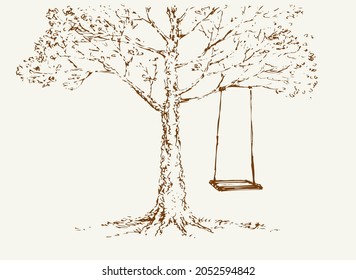 Old oak trunk on white cloud backdrop. Freehand outline ink hand drawn sunny rest picture design sketchy in retro art doodle engrave cartoon print style pen on paper text space. Rural scenic sun view