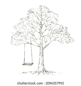 Old oak trunk on white cloud backdrop. Freehand outline ink hand drawn sunny rest picture design sketchy in retro art doodle engrave cartoon print style pen on paper text space. Rural scenic sun view