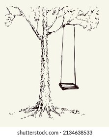 Old oak trunk on white cloud backdrop. Freehand outline ink hand drawn sunny rest picture design sketchy in retro art doodle engrave cartoon print style pen on paper text space. Rural scenic sun view