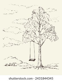 Old oak trunk on white cloud backdrop. Freehand outline ink hand drawn sunny rest picture design sketchy in retro art doodle engrave cartoon print style pen on paper text space. Rural scenic sun view