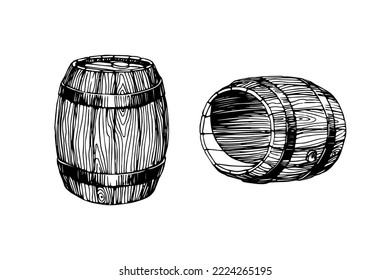 Old oak wine barrels. Vector illustration with black ink, isolated on a white background in a hand drawn style.