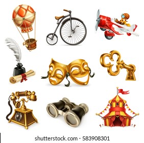 Old objects. Vintage icon set, 3d vector