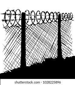 Old obstacle spiral spike shape row cage on white sky backdrop. Outline black ink hand drawn abstract picture sign logo emblem concept sketchy in retro art engraving cartoon style with space for text