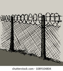 Old obstacle spiral spike shape row cage on white sky backdrop. Outline black ink hand drawn abstract picture sign concept sketchy in retro art scribble cartoon style pen on paper with space for text