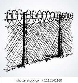 Old obstacle spiral spike shape row cage on white sky backdrop. Outline black ink hand drawn abstract picture sign concept sketchy in retro art scribble cartoon style pen on paper with space for text