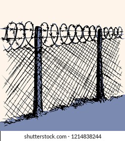 Old obstacle spiral spike shape row cage on white sky backdrop. Outline black ink hand drawn abstract picture sign concept sketchy in retro art scribble cartoon style pen on paper with space for text