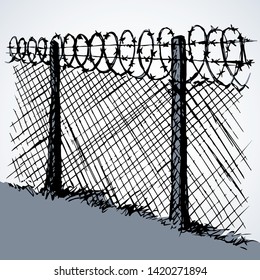 Old obstacle spiral spike shape row cage on white sky backdrop. Outline black ink hand drawn abstract picture sign concept sketchy in retro art scribble cartoon style pen on paper with space for text
