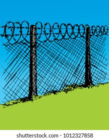 Old obstacle spiral spike twisted shape row cage on green grass field. Bright color hand drawn picture concept in retro art vibrant cartoon doodle comic style with space for text on blue sky backdrop