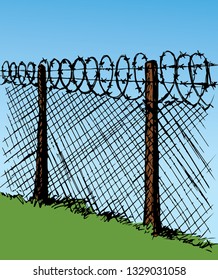 Old obstacle spiral spike twisted shape row cage on green grass field. Bright color hand drawn picture concept in retro art vibrant cartoon doodle comic style with space for text on blue sky backdrop