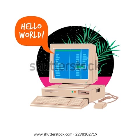 Old office computer from 80s and 90s with obsolete technology big monitor and classic beige color body. Retro ads for IT or programming course start from basics 101. Nostalgic vector illustration. 