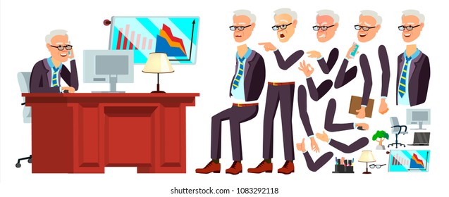 Vector de trabajo de oficina antiguo. Enfrentar Emociones, Diversos Gestos. Animación. Empresario Humano. Empleado moderno del Gabinete, Trabajador, Trabajador. Ilustración de caricaturas planas aisladas